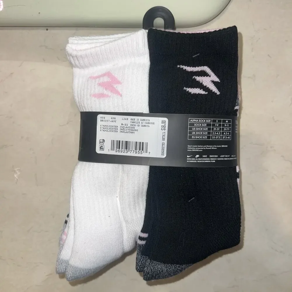 Nike Girl 6 Pair Cushioned Ankle Socks ~ Pink, Black, Gray & White YOUTH 5Y-7Y